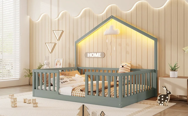 Alt view image 5 of 7 - Full Floor Bed with High Rails, Wooden Montessori Bed with Light for Kids, Boys and Girls,Gray