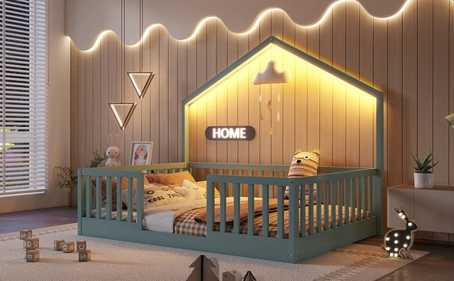Alt view image 6 of 7 - Full Floor Bed with High Rails, Wooden Montessori Bed with Light for Kids, Boys and Girls,Gray