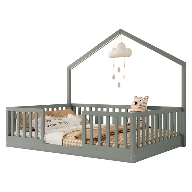 Alt view image 7 of 7 - Full Floor Bed with High Rails, Wooden Montessori Bed with Light for Kids, Boys and Girls,Gray