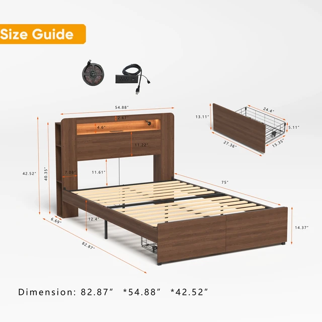 Alt view image 5 of 7 - Bed Frame Full Size, Wood Platform Bed Frame with 2 Storage Drawers,and with Storage LED Light Headboard , Noise Free,No Box Spring Needed and Easy Assembly Tool,Large Under Bed Storage