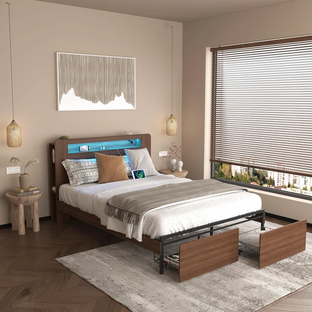 Main image of Bed Frame Full Size, Wood Platform Bed Frame with 2 Storage Drawers,and with Storage LED Light Headboard , Noise Free,No Box Spring Needed and Easy Assembly Tool,Large Under Bed Storage