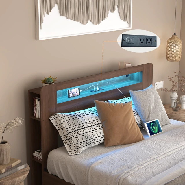 Alt view image 6 of 7 - Bed Frame Full Size, Wood Platform Bed Frame with 2 Storage Drawers,and with Storage LED Light Headboard , Noise Free,No Box Spring Needed and Easy Assembly Tool,Large Under Bed Storage