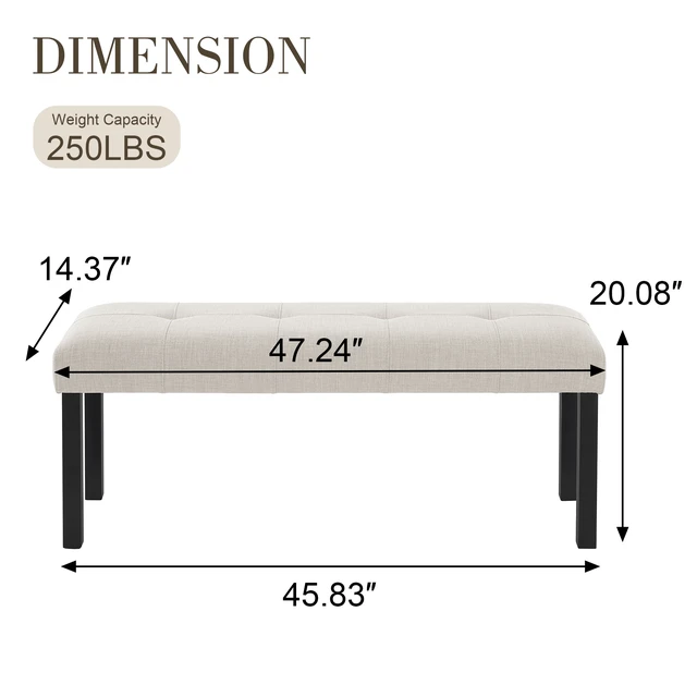 Alt view image 2 of 7 - Modern Tufted Linen Dining Bench, Farmhouse Upholstered Entryway Bench with Black Rubber Wood Legs, Versatile for Kitchen, Bedroom, Hallway, Beige