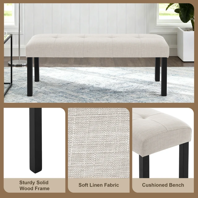 Alt view image 4 of 7 - Modern Tufted Linen Dining Bench, Farmhouse Upholstered Entryway Bench with Black Rubber Wood Legs, Versatile for Kitchen, Bedroom, Hallway, Beige