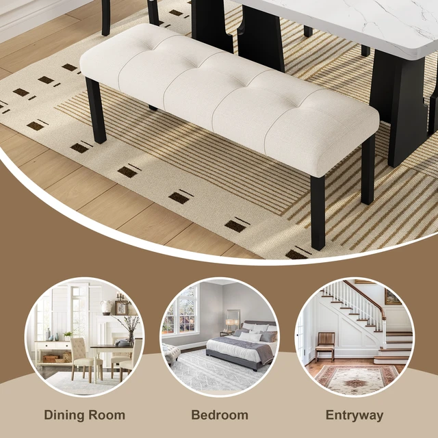 Alt view image 3 of 7 - Modern Tufted Linen Dining Bench, Farmhouse Upholstered Entryway Bench with Black Rubber Wood Legs, Versatile for Kitchen, Bedroom, Hallway, Beige