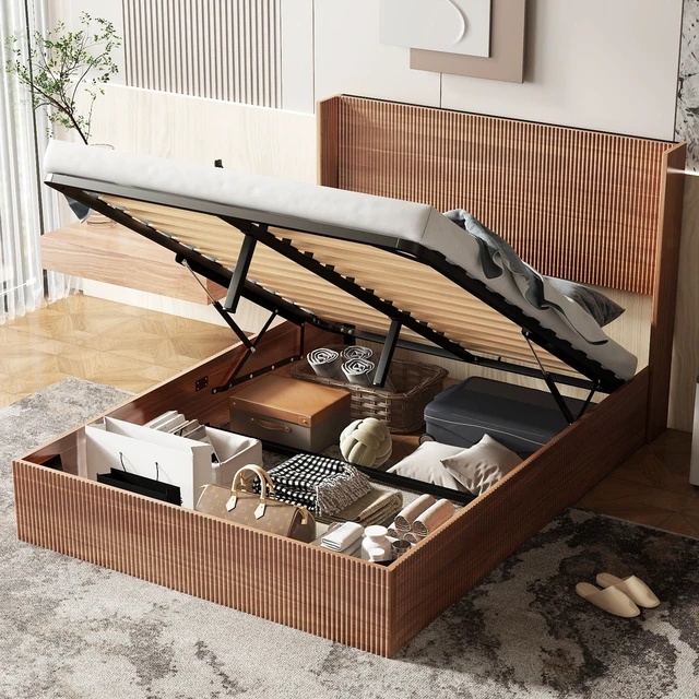 Alt view image 3 of 7 - (Queen size) bed frame with a grooved and undulating lifting storage function, featuring a lifting storage feature, safe and beautiful / without noise, a wooden slat platform bed frame in a natural