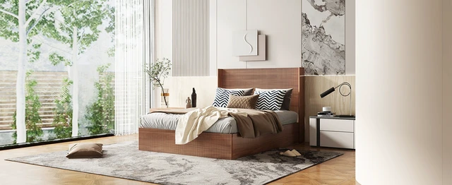 Alt view image 5 of 7 - (Queen size) bed frame with a grooved and undulating lifting storage function, featuring a lifting storage feature, safe and beautiful / without noise, a wooden slat platform bed frame in a natural