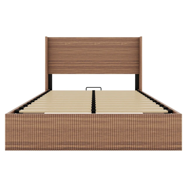 Alt view image 7 of 7 - (Queen size) bed frame with a grooved and undulating lifting storage function, featuring a lifting storage feature, safe and beautiful / without noise, a wooden slat platform bed frame in a natural