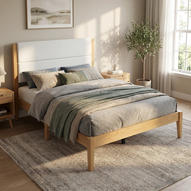 Alt view image 3 of 7 - Mid-Century Modern Platform Bed Frame with Upholstered Headboard, Solid Wood Slat Support, No Box Spring Needed, Easy Assembly, Queen Size, Natural
