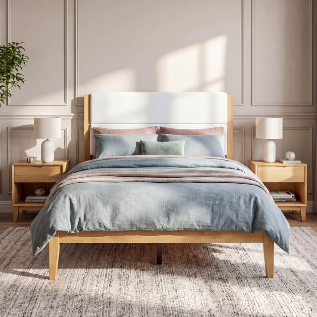 Alt view image 2 of 7 - Mid-Century Modern Platform Bed Frame with Upholstered Headboard, Solid Wood Slat Support, No Box Spring Needed, Easy Assembly, Queen Size, Natural