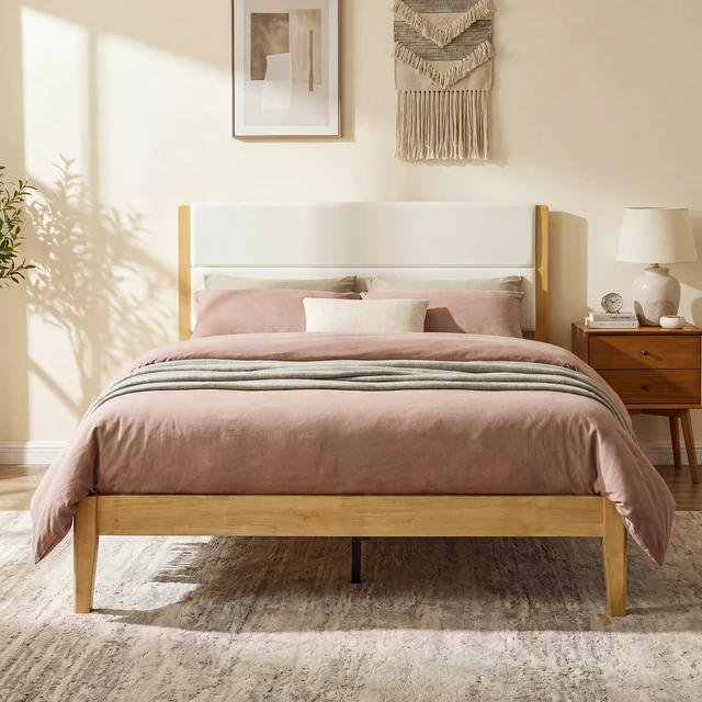 Alt view image 6 of 7 - Mid-Century Modern Platform Bed Frame with Upholstered Headboard, Solid Wood Slat Support, No Box Spring Needed, Easy Assembly, Queen Size, Natural