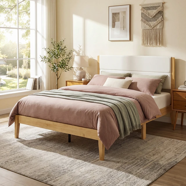 Alt view image 5 of 7 - Mid-Century Modern Platform Bed Frame with Upholstered Headboard, Solid Wood Slat Support, No Box Spring Needed, Easy Assembly, Queen Size, Natural