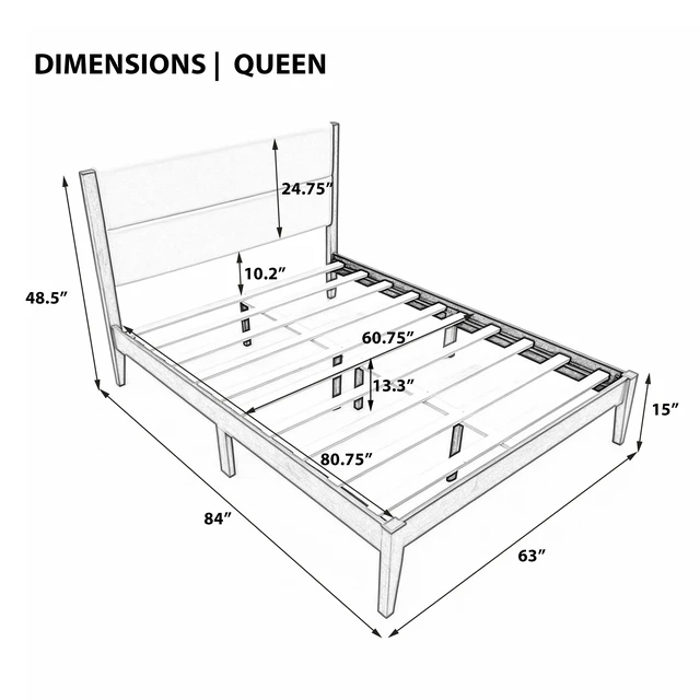 Alt view image 7 of 7 - Mid-Century Modern Platform Bed Frame with Upholstered Headboard, Solid Wood Slat Support, No Box Spring Needed, Easy Assembly, Queen Size, Natural