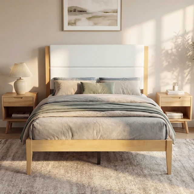 Alt view image 4 of 7 - Mid-Century Modern Platform Bed Frame with Upholstered Headboard, Solid Wood Slat Support, No Box Spring Needed, Easy Assembly, Queen Size, Natural