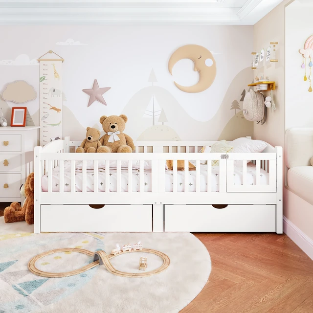 Alt view image 3 of 7 - Twin Platform Bed with Full-length Guardrails, Kids Platform Bed with Storage Drawers, Childlike and Cute Headboard Design, White
