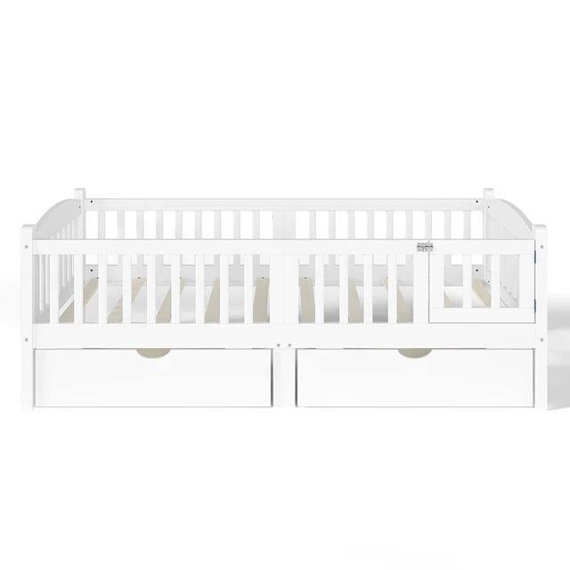 Alt view image 7 of 7 - Twin Platform Bed with Full-length Guardrails, Kids Platform Bed with Storage Drawers, Childlike and Cute Headboard Design, White