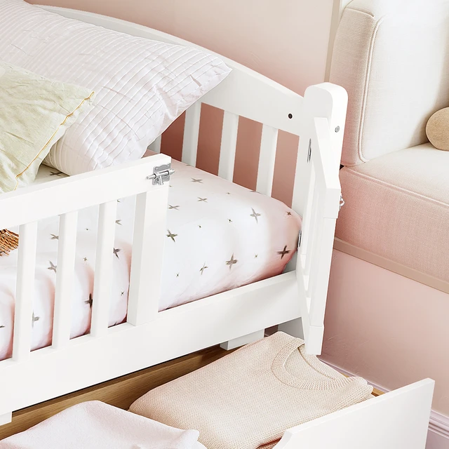 Alt view image 4 of 7 - Twin Platform Bed with Full-length Guardrails, Kids Platform Bed with Storage Drawers, Childlike and Cute Headboard Design, White