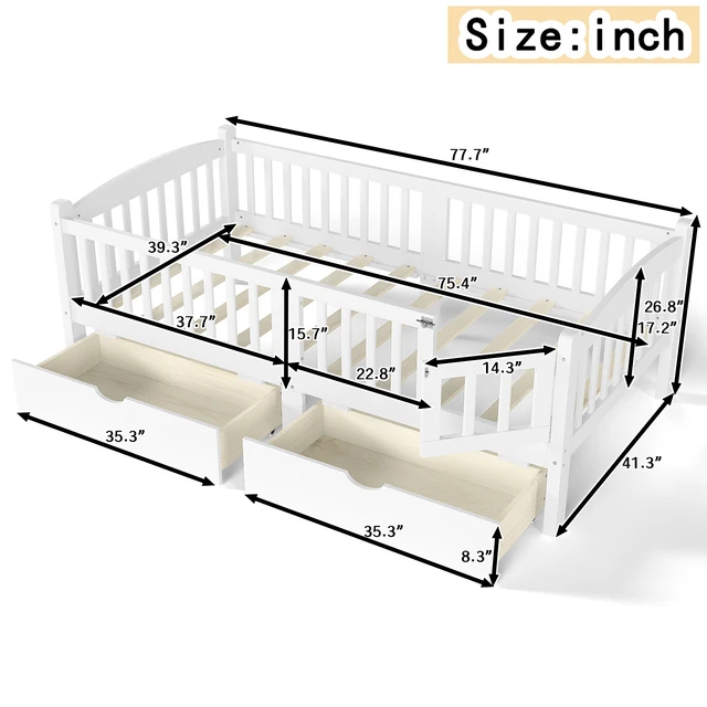 Alt view image 6 of 7 - Twin Platform Bed with Full-length Guardrails, Kids Platform Bed with Storage Drawers, Childlike and Cute Headboard Design, White