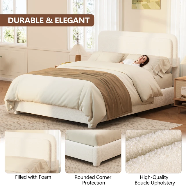 Alt view image 4 of 7 - Boucle Queen Bed Frame with Adjustable Height Headboard, Modern Platform Bed with Curved Cloud Headboard, Elegant Boucle Fabric Low Profile Platform Bed, No Box Spring Needed, Easy Assembly, White
