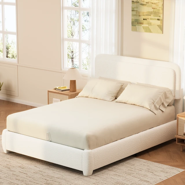 Alt view image 3 of 7 - Boucle Queen Bed Frame with Adjustable Height Headboard, Modern Platform Bed with Curved Cloud Headboard, Elegant Boucle Fabric Low Profile Platform Bed, No Box Spring Needed, Easy Assembly, White