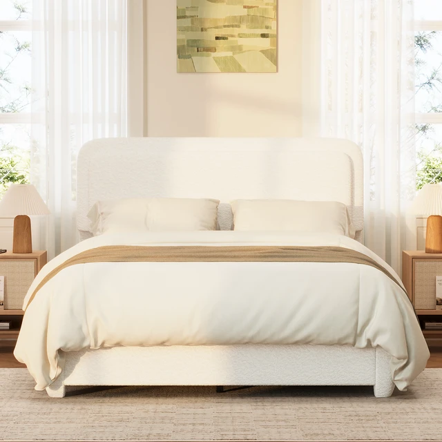 Alt view image 2 of 7 - Boucle Queen Bed Frame with Adjustable Height Headboard, Modern Platform Bed with Curved Cloud Headboard, Elegant Boucle Fabric Low Profile Platform Bed, No Box Spring Needed, Easy Assembly, White