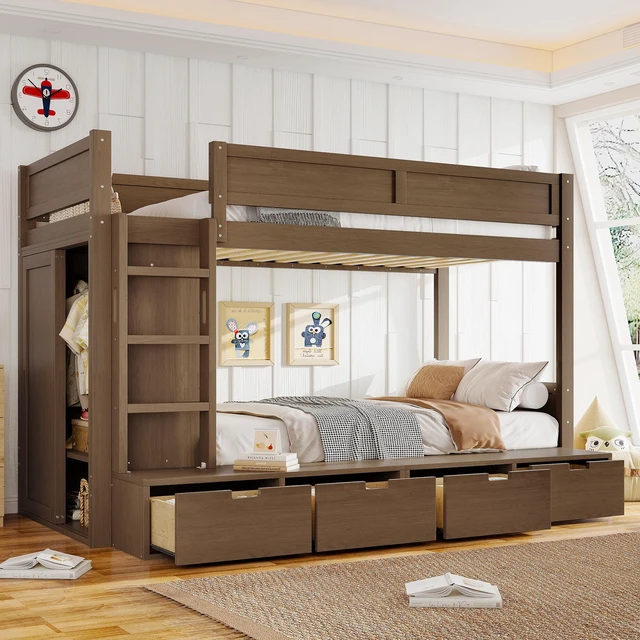 Main image of Twin over Twin Bunk Bed with 4 Storage Drawers, Solid Wood Bunk Bed with Built-in Wardrobe and Full-length Guardrails, No Box Spring Needed, Brown