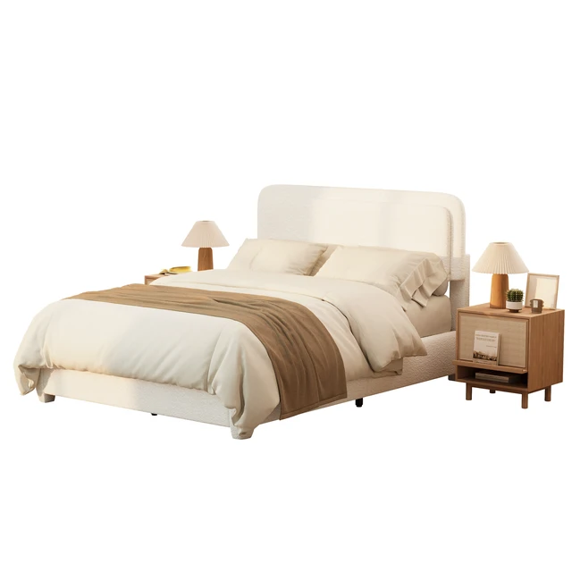 Alt view image 6 of 7 - Boucle Queen Bed Frame with Adjustable Height Headboard, Modern Platform Bed with Curved Cloud Headboard, Elegant Boucle Fabric Low Profile Platform Bed, No Box Spring Needed, Easy Assembly, White
