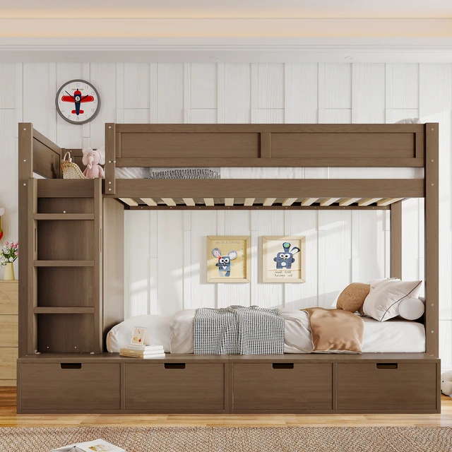 Alt view image 2 of 7 - Twin over Twin Bunk Bed with 4 Storage Drawers, Solid Wood Bunk Bed with Built-in Wardrobe and Full-length Guardrails, No Box Spring Needed, Brown