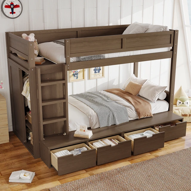 Alt view image 3 of 7 - Twin over Twin Bunk Bed with 4 Storage Drawers, Solid Wood Bunk Bed with Built-in Wardrobe and Full-length Guardrails, No Box Spring Needed, Brown