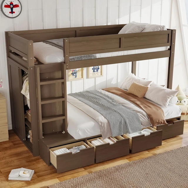 Alt view image 4 of 7 - Twin over Twin Bunk Bed with 4 Storage Drawers, Solid Wood Bunk Bed with Built-in Wardrobe and Full-length Guardrails, No Box Spring Needed, Brown