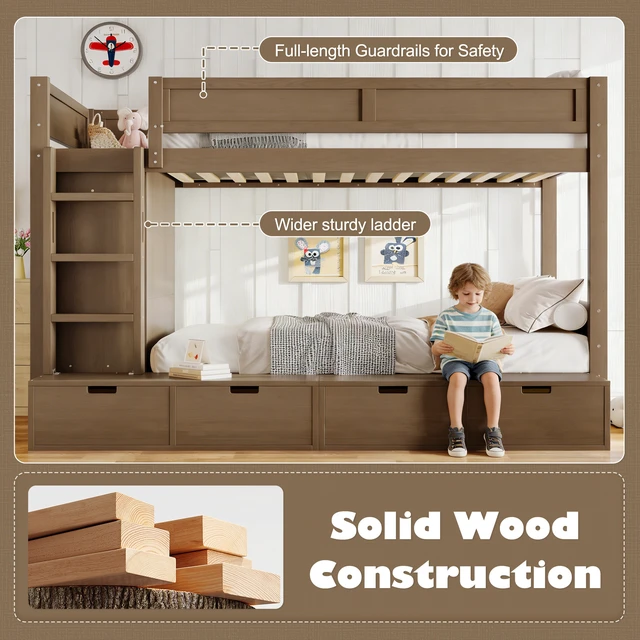 Alt view image 7 of 7 - Twin over Twin Bunk Bed with 4 Storage Drawers, Solid Wood Bunk Bed with Built-in Wardrobe and Full-length Guardrails, No Box Spring Needed, Brown