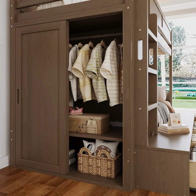 Alt view image 6 of 7 - Twin over Twin Bunk Bed with 4 Storage Drawers, Solid Wood Bunk Bed with Built-in Wardrobe and Full-length Guardrails, No Box Spring Needed, Brown