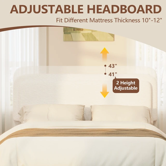 Alt view image 5 of 7 - Boucle Queen Bed Frame with Adjustable Height Headboard, Modern Platform Bed with Curved Cloud Headboard, Elegant Boucle Fabric Low Profile Platform Bed, No Box Spring Needed, Easy Assembly, White
