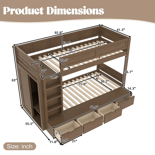 Alt view image 5 of 7 - Twin over Twin Bunk Bed with 4 Storage Drawers, Solid Wood Bunk Bed with Built-in Wardrobe and Full-length Guardrails, No Box Spring Needed, Brown