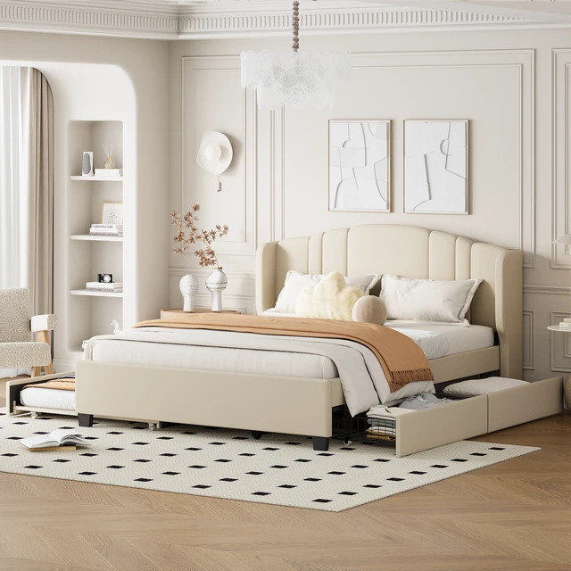 Alt view image 2 of 7 - Upholstered Platform Bed with Wingback Headboard, One Twin Trundle and 2 Drawers, No Box Spring Needed, Linen Fabric, Queen Size, Beige