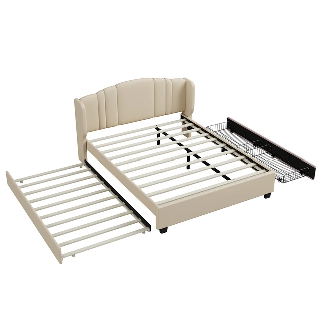 Alt view image 5 of 7 - Upholstered Platform Bed with Wingback Headboard, One Twin Trundle and 2 Drawers, No Box Spring Needed, Linen Fabric, Queen Size, Beige
