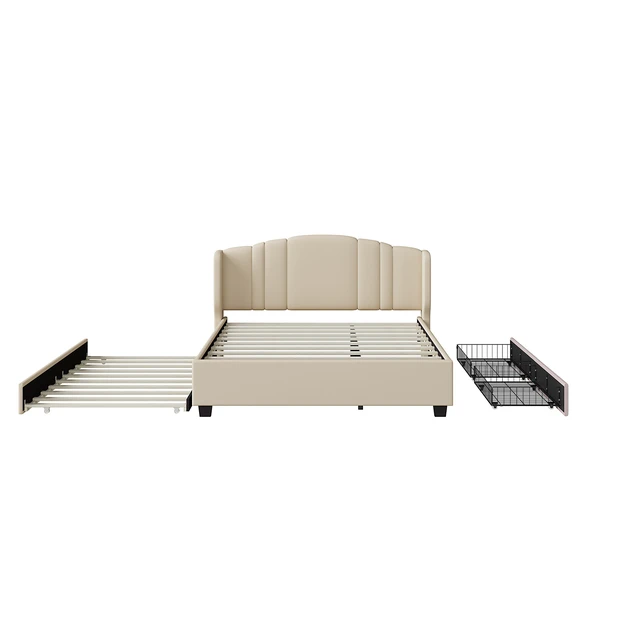 Alt view image 6 of 7 - Upholstered Platform Bed with Wingback Headboard, One Twin Trundle and 2 Drawers, No Box Spring Needed, Linen Fabric, Queen Size, Beige