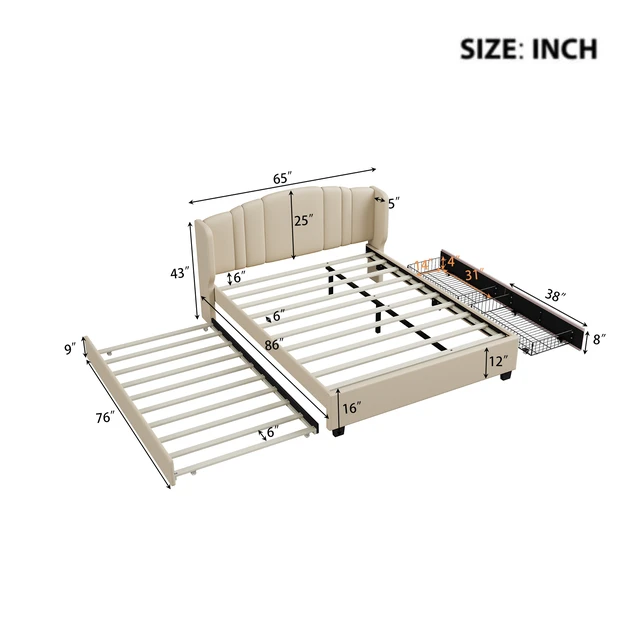 Alt view image 7 of 7 - Upholstered Platform Bed with Wingback Headboard, One Twin Trundle and 2 Drawers, No Box Spring Needed, Linen Fabric, Queen Size, Beige