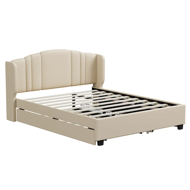 Alt view image 4 of 7 - Upholstered Platform Bed with Wingback Headboard, One Twin Trundle and 2 Drawers, No Box Spring Needed, Linen Fabric, Queen Size, Beige