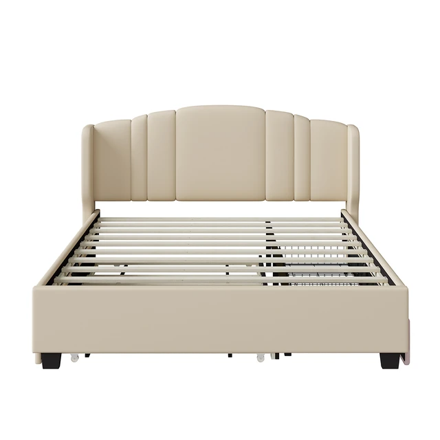 Alt view image 3 of 7 - Upholstered Platform Bed with Wingback Headboard, One Twin Trundle and 2 Drawers, No Box Spring Needed, Linen Fabric, Queen Size, Beige