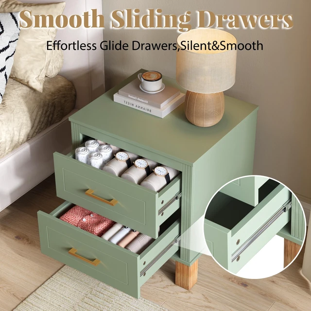Alt view image 6 of 7 - 2 Drawer Nightstand, Premium Wood Storage with Elegant Fluted Design, Solid Wood Legs Nightstand with Metal Handle, Tall Bedside Table for Bedroom Living Room, Sage Green