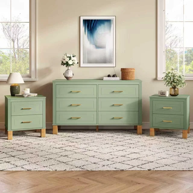 Alt view image 7 of 7 - 2 Drawer Nightstand, Premium Wood Storage with Elegant Fluted Design, Solid Wood Legs Nightstand with Metal Handle, Tall Bedside Table for Bedroom Living Room, Sage Green