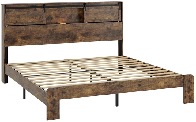 Alt view image 5 of 7 - QUEEN size bed, metal bed frame with charging station, no need for box spring, (Dark Brown), no noise, easy to assemble.