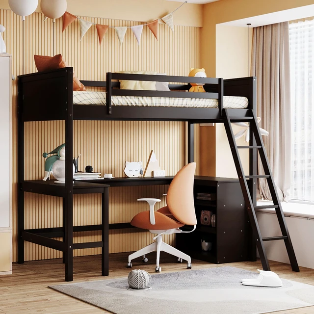 Main image of Twin size Loft Bed with Shelves and Desk, Wooden Loft Bed with Desk - Espresso
