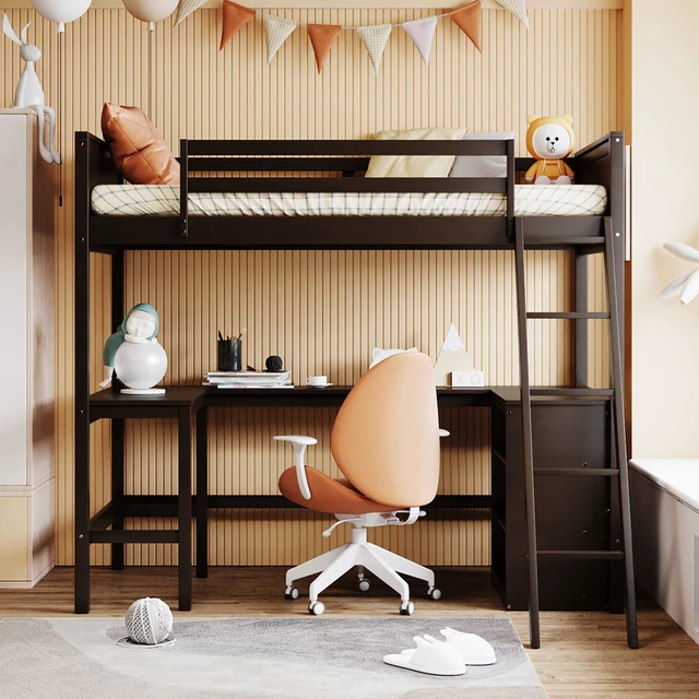 Alt view image 2 of 7 - Twin size Loft Bed with Shelves and Desk, Wooden Loft Bed with Desk - Espresso