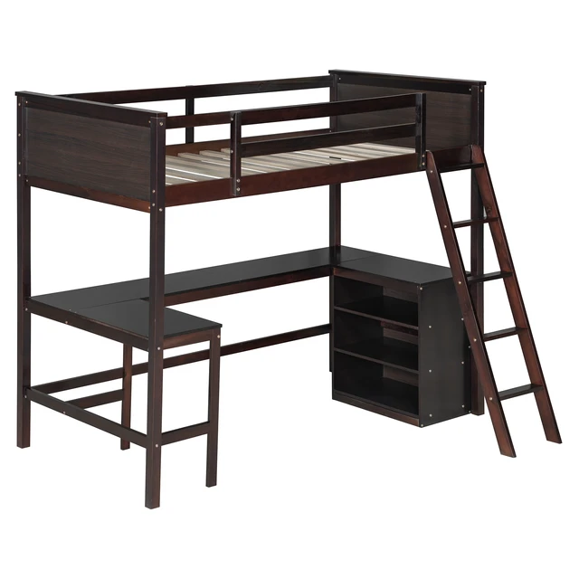Alt view image 4 of 7 - Twin size Loft Bed with Shelves and Desk, Wooden Loft Bed with Desk - Espresso