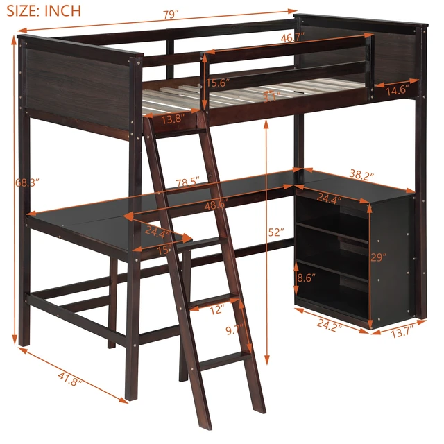 Alt view image 3 of 7 - Twin size Loft Bed with Shelves and Desk, Wooden Loft Bed with Desk - Espresso
