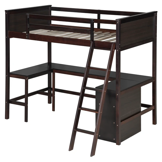 Alt view image 5 of 7 - Twin size Loft Bed with Shelves and Desk, Wooden Loft Bed with Desk - Espresso