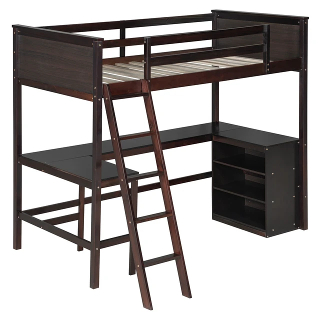 Alt view image 7 of 7 - Twin size Loft Bed with Shelves and Desk, Wooden Loft Bed with Desk - Espresso