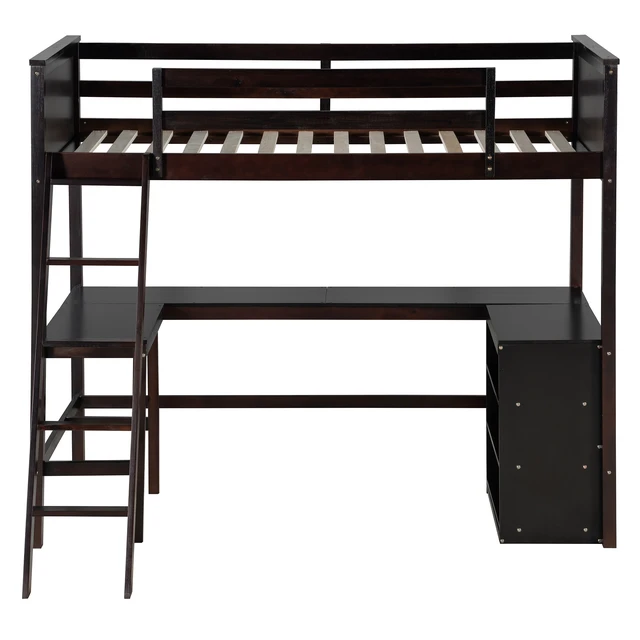 Alt view image 6 of 7 - Twin size Loft Bed with Shelves and Desk, Wooden Loft Bed with Desk - Espresso